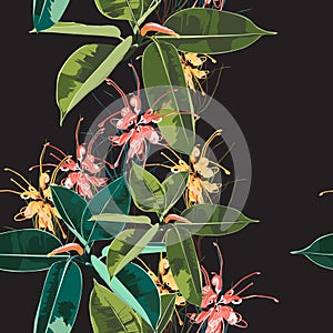 Beautiful seamless floral pattern background with tropical dark and bright ficus elastica, palm leaves and protea flowers
