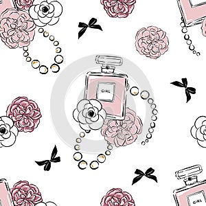 Beautiful seamless floral pattern with flowers, perfume and bows. Peony, Camellia and rose flowers.