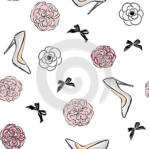 Beautiful seamless floral pattern with flowers, shoes and bows. Peony, Camellia and rose flowers. Template for postcards, fabrics,