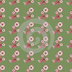 Beautiful seamless floral pattern of light pink and greenish flowers, maroon-red leaves, on an olive background, vector