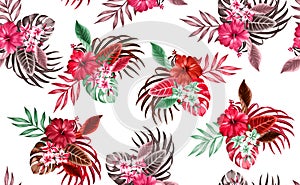 Beautiful seamless floral pattern, spring summer background with tropical flowers, palm leaves, jungle leaf, hibiscus, paradise fl