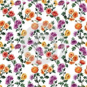 Beautiful seamless floral pattern with watercolor gentle blooming chrysanthemum flowers. Stock illustration.