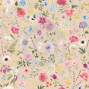 Beautiful seamless floral pattern with watercolor hand drawn gentle summer flowers. Stock illustration. Natural artwork.