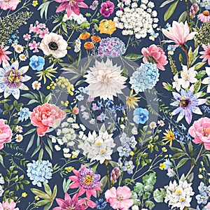 Beautiful seamless floral pattern with watercolor hand drawn gentle summer flowers. Stock illustration. Natural artwork.