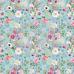 Beautiful seamless floral pattern with watercolor hand drawn gentle summer flowers. Stock illustration. Natural artwork.