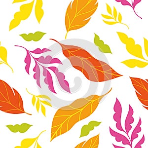 Beautiful seamless floral pattern, white background and  leaves , autumn leaves tree