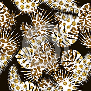 Beautiful seamless floral summer pattern background with tropical palm leaves, animal prints and golden tinsel.Perfect for