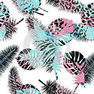 Beautiful seamless floral summer pattern background with tropical palm leaves and animal prints.Perfect for wallpapers, web