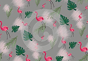 Beautiful seamless  floral summer pattern background with tropical palm leaves, flamingo, hibiscus. Perfect for wallpapers, web