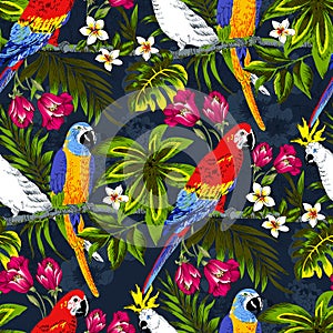 Beautiful seamless floral summer pattern background with tropical palm leaves flowers, parrot, hibiscus. Perfect for wallpapers,