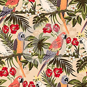 Beautiful seamless floral summer pattern background with tropical palm leaves flowers, parrot, hibiscus. Perfect for wallpapers,