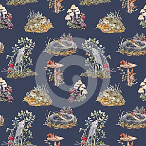 Beautiful seamless forest pattern with cute watercolor hand drawn wild animals snake mouse frog and berries mushrooms
