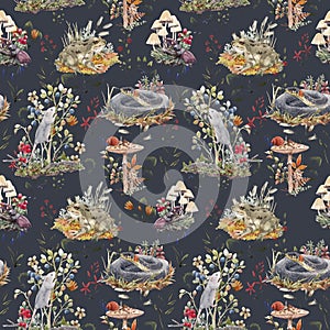 Beautiful seamless forest pattern with cute watercolor hand drawn wild animals snake mouse frog and berries mushrooms