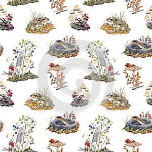 Beautiful seamless forest pattern with cute watercolor hand drawn wild animals snake mouse frog and berries mushrooms