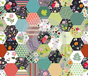 Beautiful seamless patchwork pattern from patches with floral and geometric ornaments. Quilting design