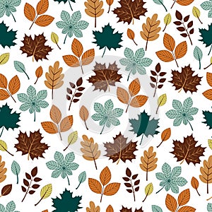 Beautiful seamless pattern of autumn leaves in warm light colors on a white background