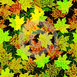 Beautiful seamless pattern background with autumn leaves and animal prints.Perfect for wallpapers, web page backgrounds, su