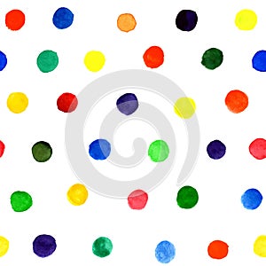 Beautiful seamless pattern with bright watercolor circles shapes. hand painted brush strokes. Background dots polka design for