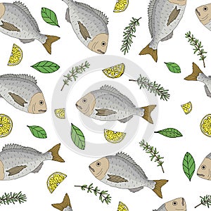 Beautiful seamless pattern, color fish Dorado with lemon, thyme, basil, rosemary. Vector illustration photo