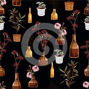 Beautiful Seamless pattern with creative decorative flowers in vase ,botanical in pot, in vector deign for fashion ,fabric,web,