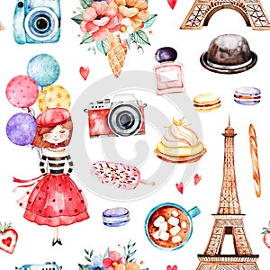 Beautiful seamless pattern with Eiffel tower,camera,sweets