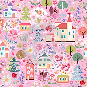 Beautiful seamless pattern with fairytale town in flowering forest on pink background. Cute print for fabric, textile, wallpaper