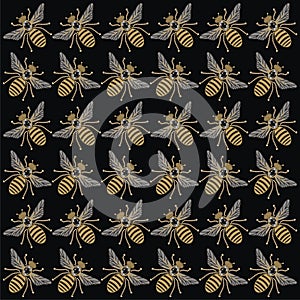 Beautiful seamless pattern of flying bees shiny gold and black print with precious rhinestones, embroidery and jewelry.