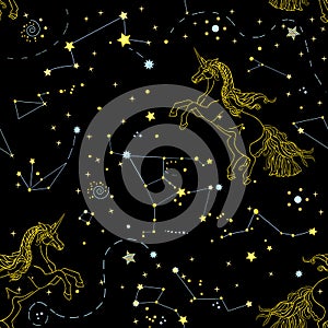 Beautiful seamless pattern with galaxy and linear contour unicorns on the black background. Vector illustration