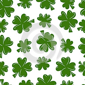 Beautiful seamless pattern with green shamrock clover isolated on white background. Hand drawn vector illustration