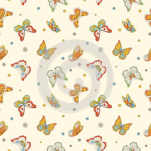 Beautiful seamless pattern with groovy vector hand drawn butterflies. Stock pop background in Hippie 60s 70s style