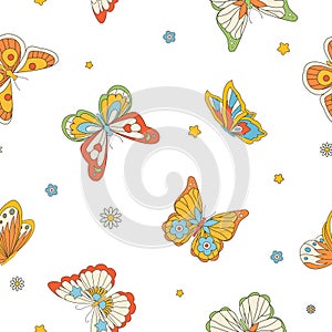 Beautiful seamless pattern with groovy vector hand drawn butterflies. Stock pop background in Hippie 60s 70s style