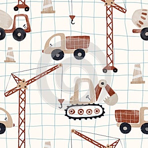 Beautiful seamless pattern with hand drawn cute baby toy illustrations. Construction equipment. Dump truck, concrete