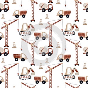 Beautiful seamless pattern with hand drawn cute baby toy illustrations. Construction equipment. Dump truck, concrete