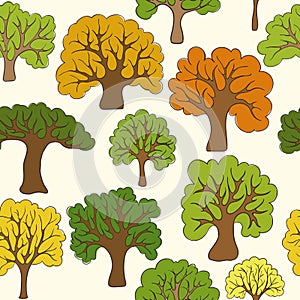 Beautiful seamless pattern of hand drawn doodle green, yellow, orange trees. design background greeting cards and invitation to th