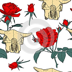 Beautiful seamless pattern with hand drawn head skull of animal and red roses