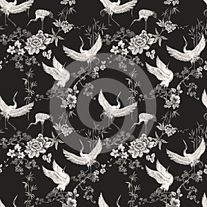 Beautiful seamless pattern with hand drawn watercolor crane birds. Stock illustration.