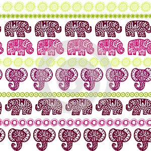 Beautiful seamless pattern Indian Elephant with ornamental strips. Hand drawn ethnic tribal decorated Elephant. Dark pink burgundy