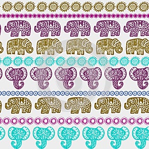 Beautiful seamless pattern Indian Elephant with ornamental strips. Hand drawn ethnic tribal decorated Elephant. teal purple olive