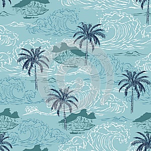 Beautiful seamless pattern island ,Big wave on vintage ocean blue background. Landscape with palm trees,beach ,mountain and ocean