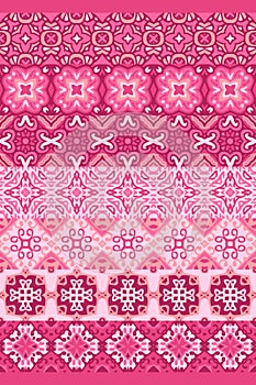 Beautiful seamless pattern with ornamental stripes in pink colors. Vector design. Ceramic tiles. Tapestry. Print for fabric