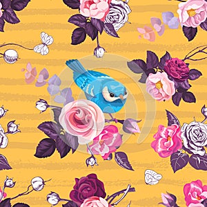 Beautiful seamless pattern with pink rose flowers and small blue bird against orange background with horizontal grungy stripes. Ve