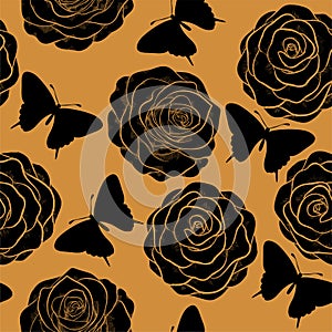 Beautiful seamless pattern with roses and silhouet