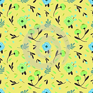 Beautiful seamless pattern with simple colorful  abstract flowersblue and green and leaves.Vector floral background