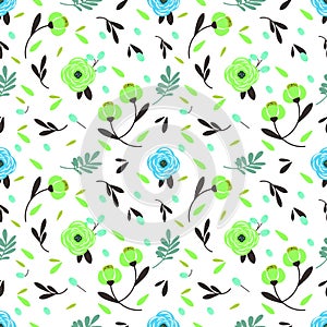 Beautiful seamless pattern with simple colorful  abstract flowersblue and green and leaves.Vector floral background