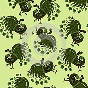 Beautiful seamless pattern with stylized green peacocks.