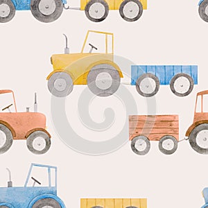 Beautiful seamless pattern with watercolor colorful tractors. Stock illustration.