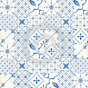 Beautiful seamless pattern with watercolor hand drawn blue dutch style tiles . Stock illustration.