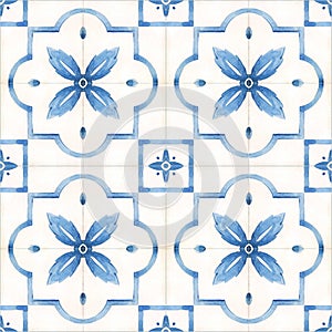 Beautiful seamless pattern with watercolor hand drawn blue dutch style tiles . Stock illustration.