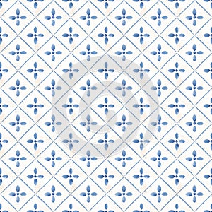 Beautiful seamless pattern with watercolor hand drawn blue dutch style tiles . Stock illustration.