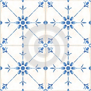 Beautiful seamless pattern with watercolor hand drawn blue dutch style tiles . Stock illustration.